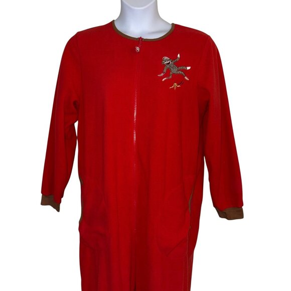Nick & Nora Red Sock Monkey Pajamas Womens XL Footie Unionsuit PJs Costume Solid - Picture 2 of 10